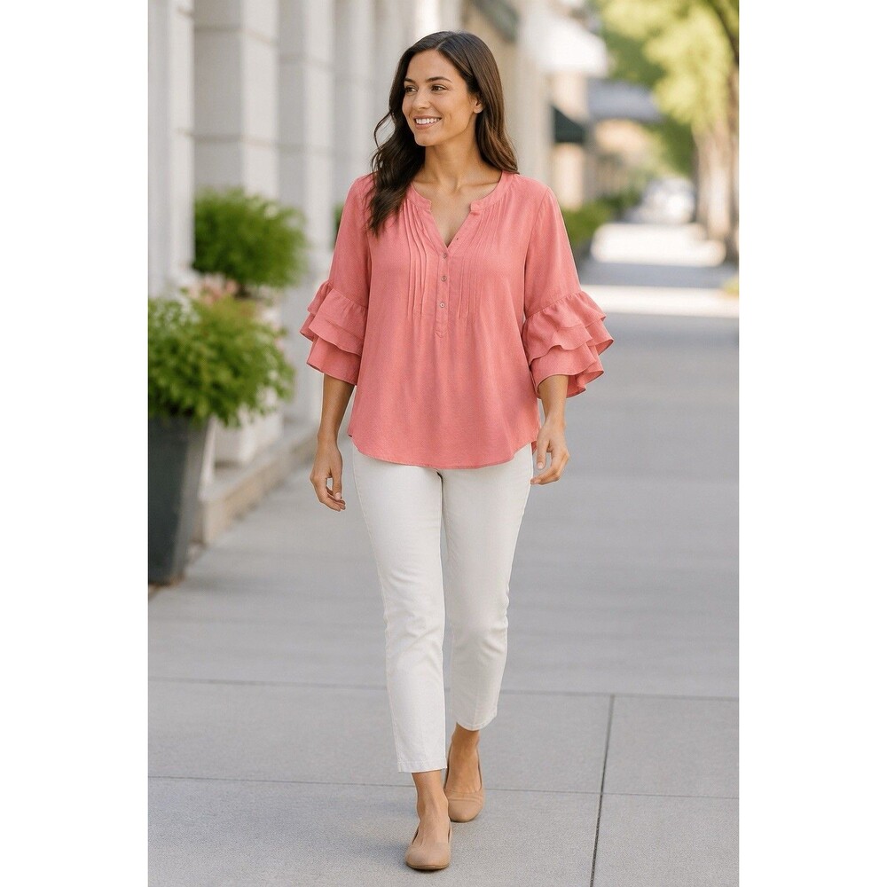Vince Camuto Women’s Large Coral Pink Ruffle Sleeve V-Neck Blouse Top